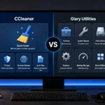 Monitor displaying CCleaner vs Glary Utilities comparison