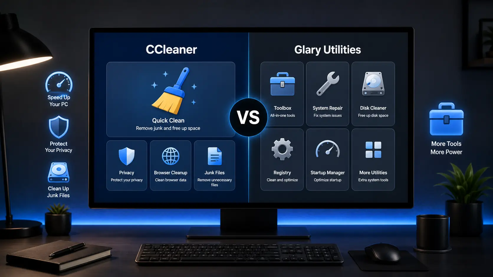 Monitor displaying CCleaner vs Glary Utilities comparison