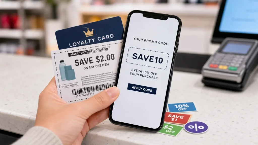 Smartphone promo code and paper coupons at checkout