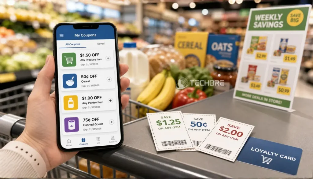 Smartphone displaying digital coupons in grocery store